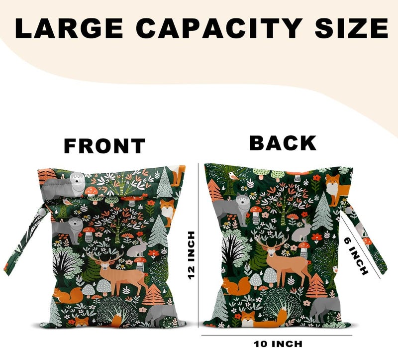 CQM 2Pcs Forest Animal Wet Bags 12x10 Inch, Cottage Core Botanical Waterproof Travel Laundry Bags, Squirrel Fox Wolf Reusable Wet Dry Bag for Swimsuit Pool Beach Diapers Dirty Yoga Gym Clothes - Image 2